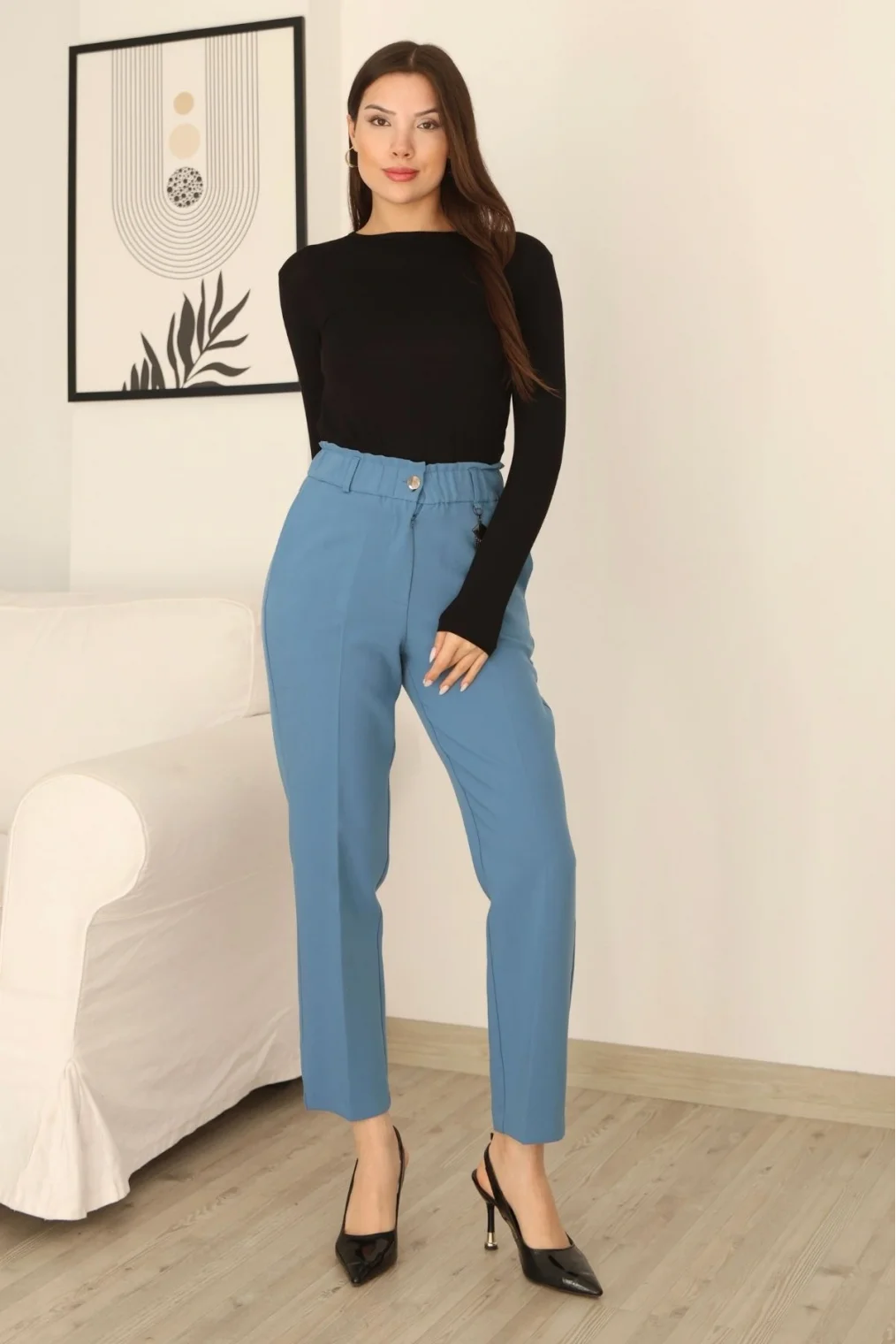 Aksesuar Detaylı Beli Lastikli Kumaş Pantolon 6119-Açık Mavi