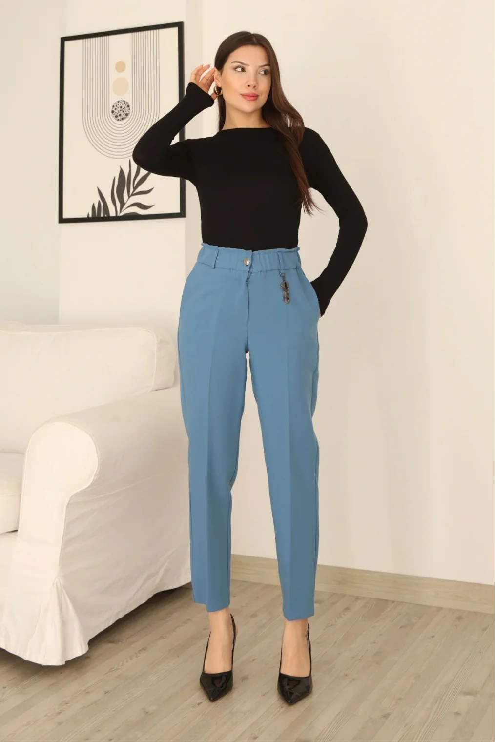 Aksesuar Detaylı Beli Lastikli Kumaş Pantolon 6119-Açık Mavi