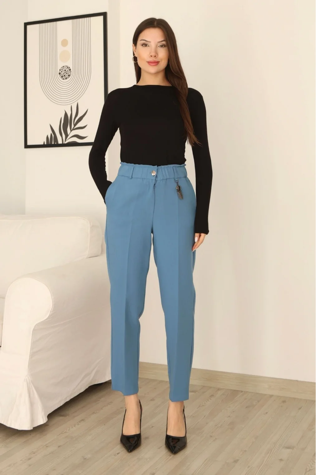 Aksesuar Detaylı Beli Lastikli Kumaş Pantolon 6119-Açık Mavi