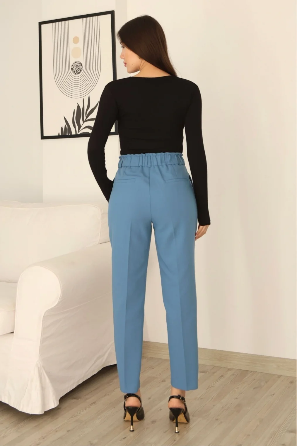 Aksesuar Detaylı Beli Lastikli Kumaş Pantolon 6119-Açık Mavi