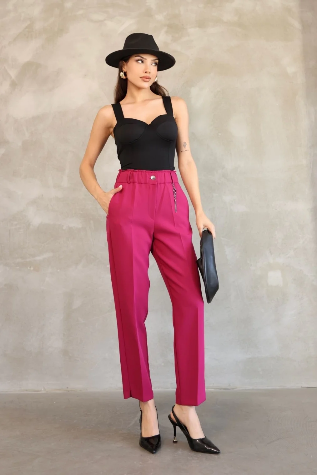 Aksesuar Detaylı Beli Lastikli Kumaş Pantolon 6119-Fuşya