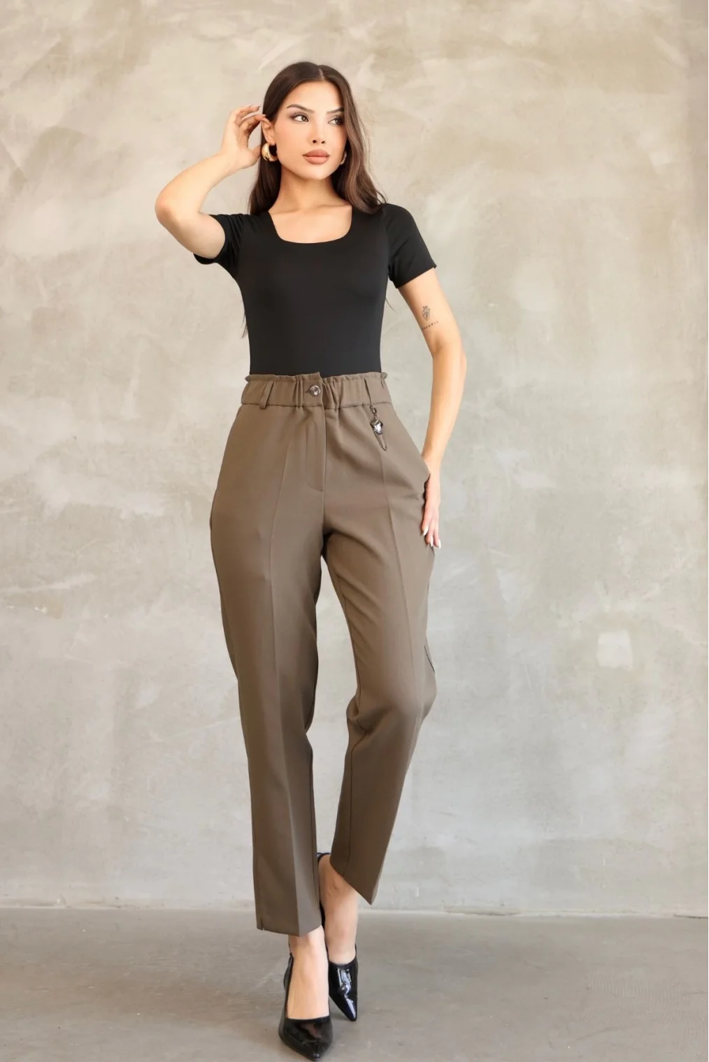 Aksesuar Detaylı Beli Lastikli Kumaş Pantolon 6119-Haki