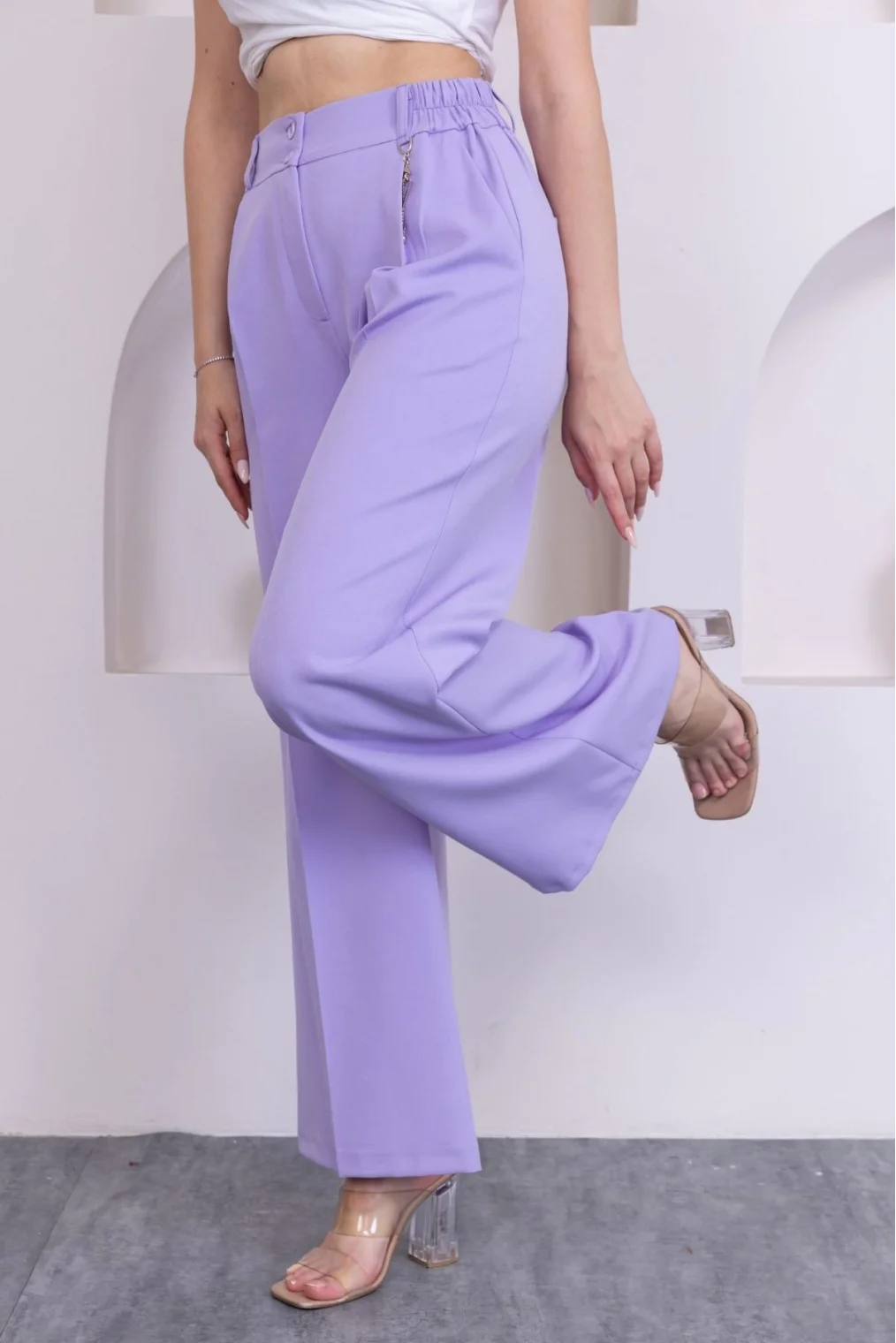 Aksesuar Detaylı Beli Lastikli Palazzo Pantolon 516-Lila