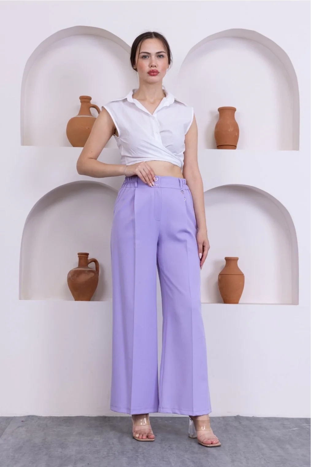 Aksesuar Detaylı Beli Lastikli Palazzo Pantolon 516-Lila