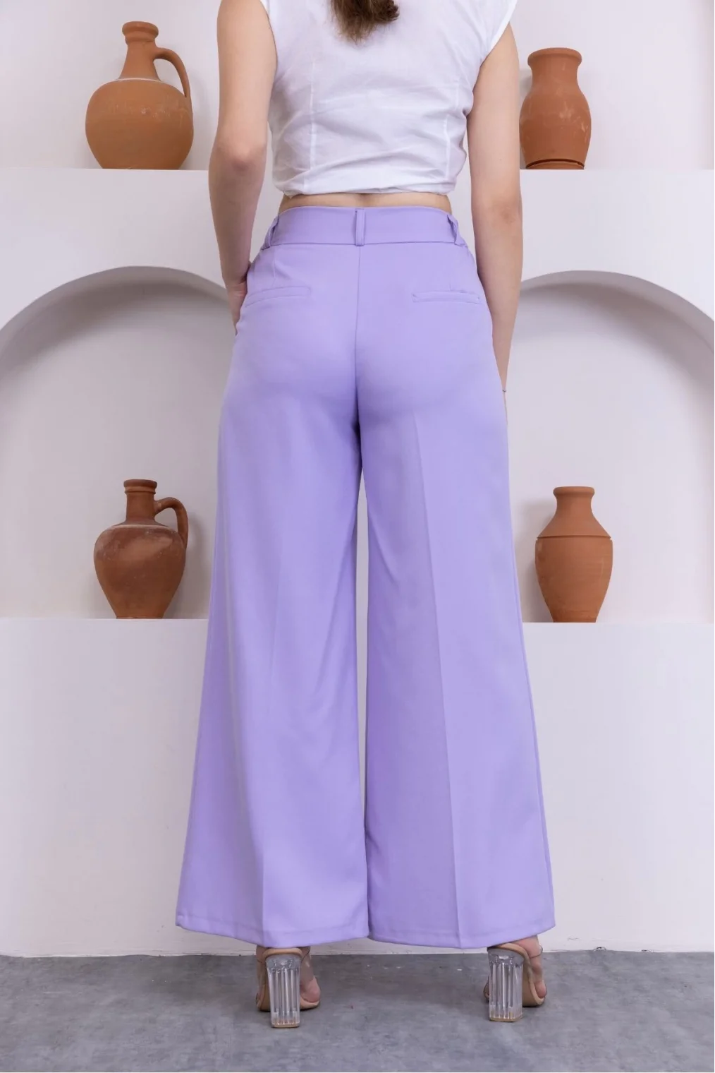 Aksesuar Detaylı Beli Lastikli Palazzo Pantolon 516-Lila