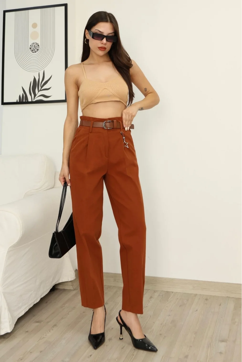 Aksesuar Detaylı Pileli Gabardin Kumaş Pantolon 5807-Kiremit