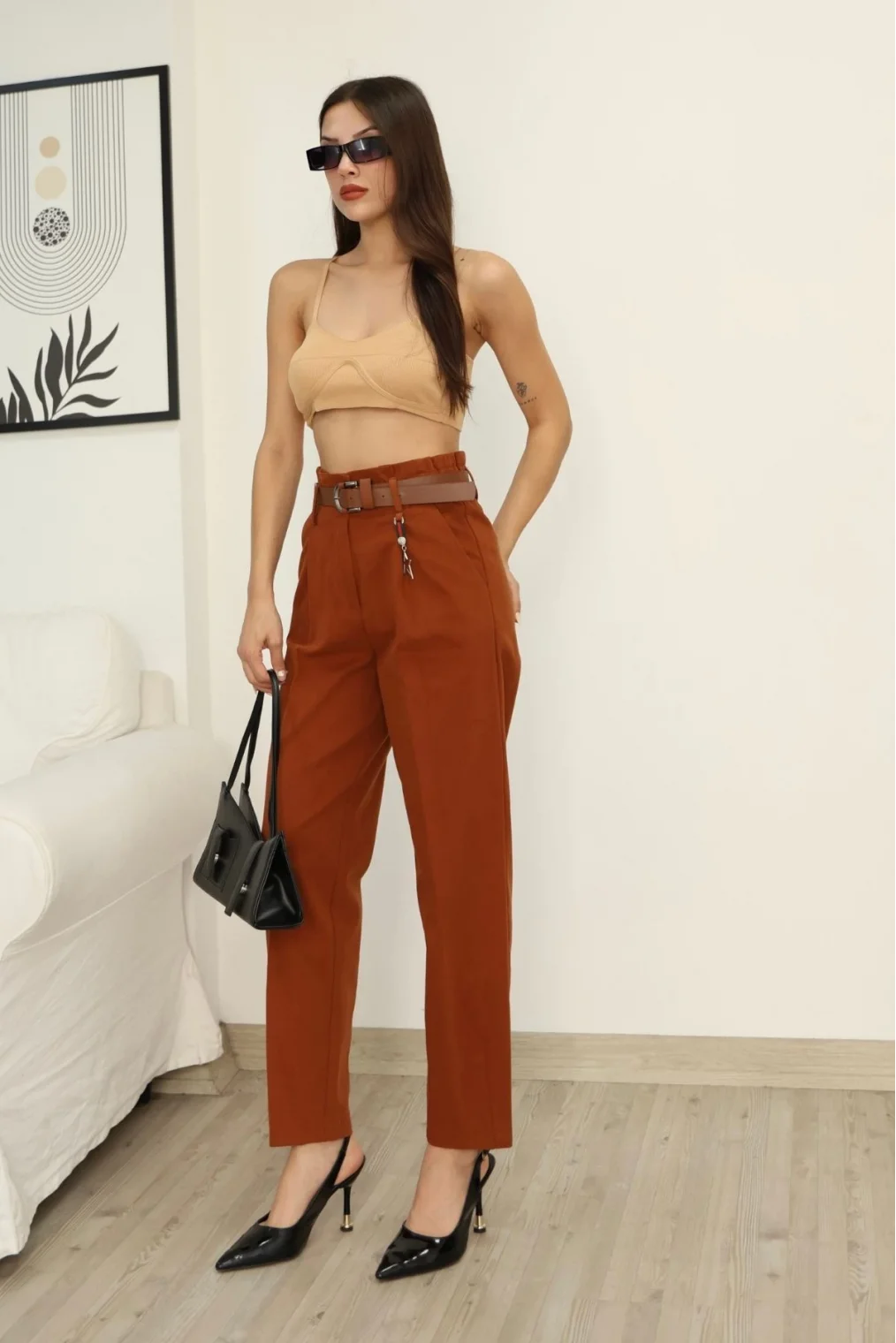 Aksesuar Detaylı Pileli Gabardin Kumaş Pantolon 5807-Kiremit