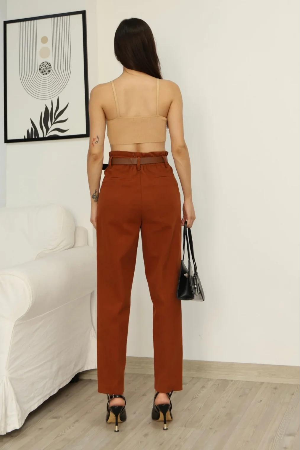 Aksesuar Detaylı Pileli Gabardin Kumaş Pantolon 5807-Kiremit