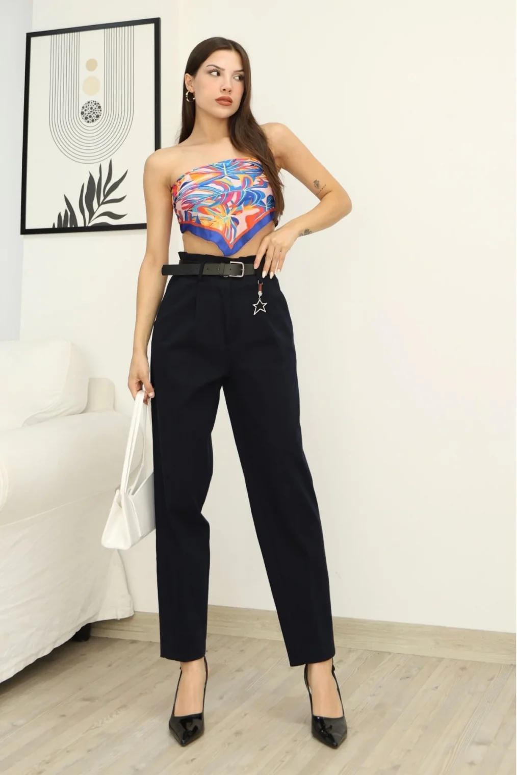 Aksesuar Detaylı Pileli Gabardin Kumaş Pantolon 5807-Lacivert