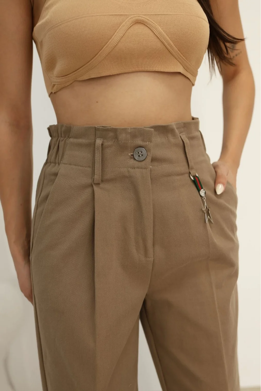 Aksesuar Detaylı Pileli Gabardin Kumaş Pantolon 5807-Haki