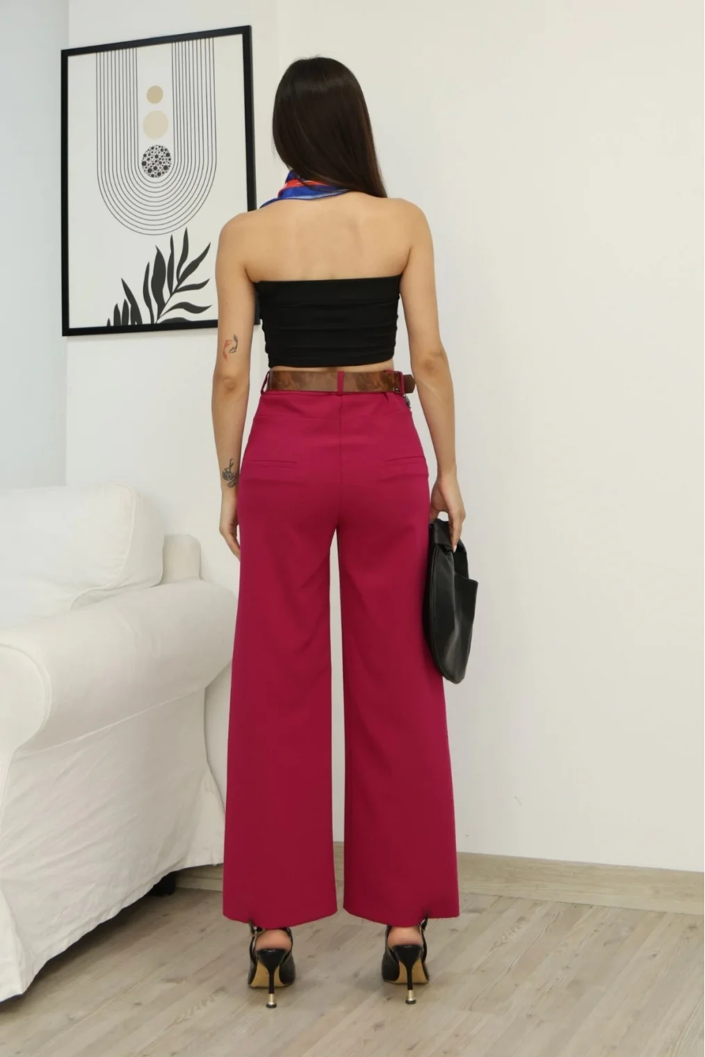 Aksesuar Ve Kemer Detaylı Palazzo Kumaş Pantolon 6115-Fuşya