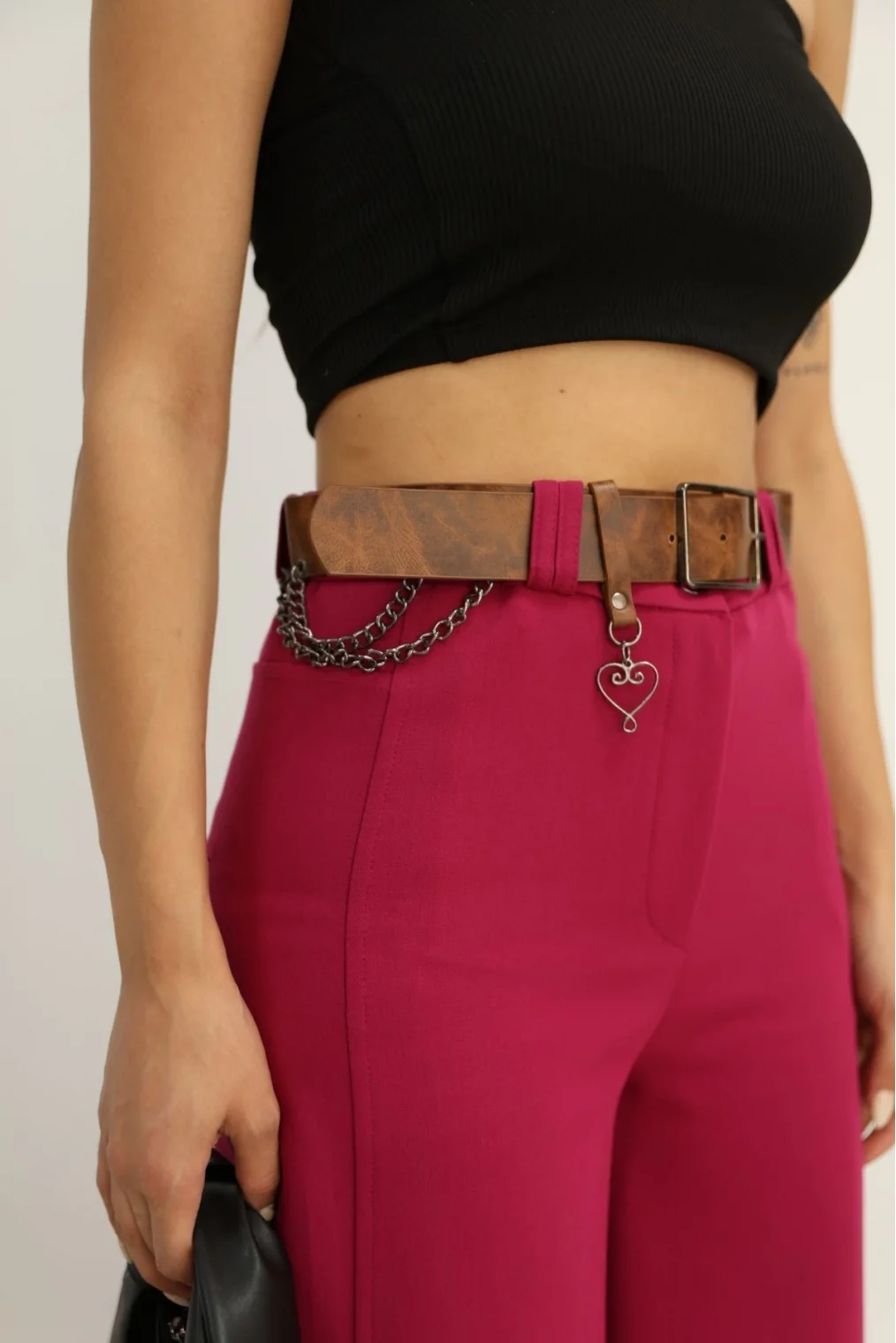 Aksesuar Ve Kemer Detaylı Palazzo Kumaş Pantolon 6115-Fuşya