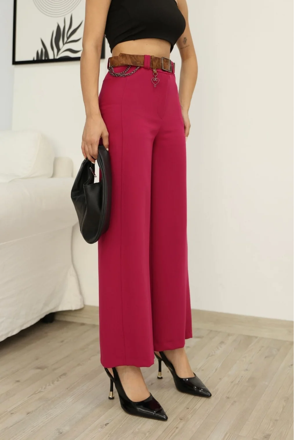 Aksesuar Ve Kemer Detaylı Palazzo Kumaş Pantolon 6115-Fuşya