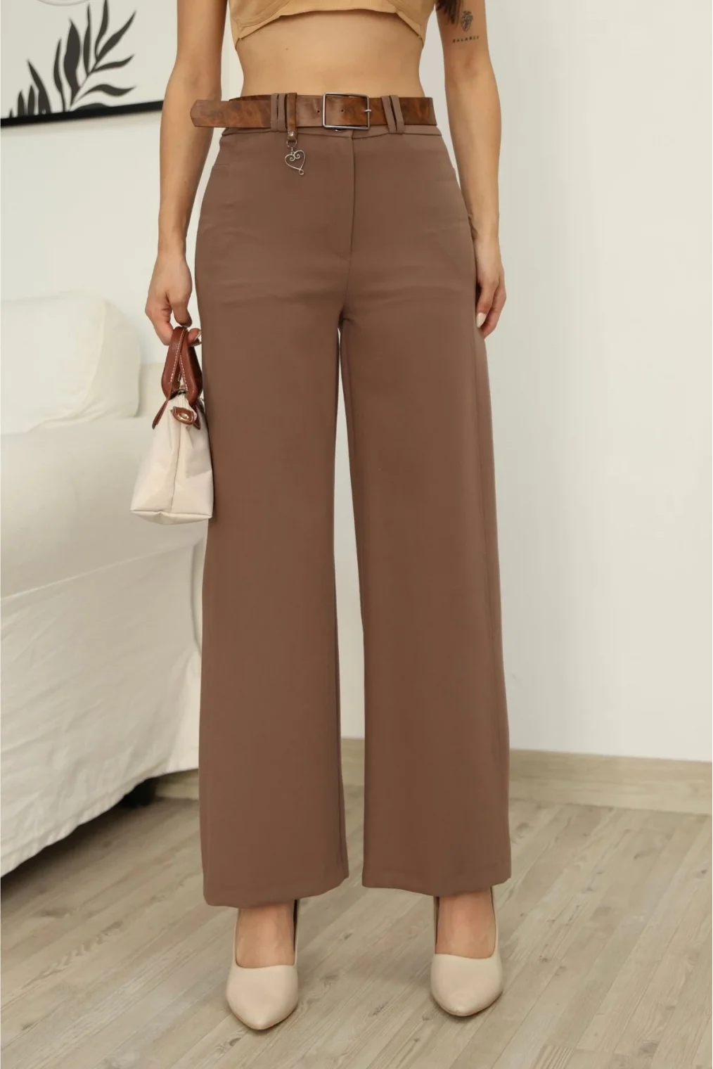 Aksesuar Ve Kemer Detaylı Palazzo Kumaş Pantolon 6115-Kahverengi