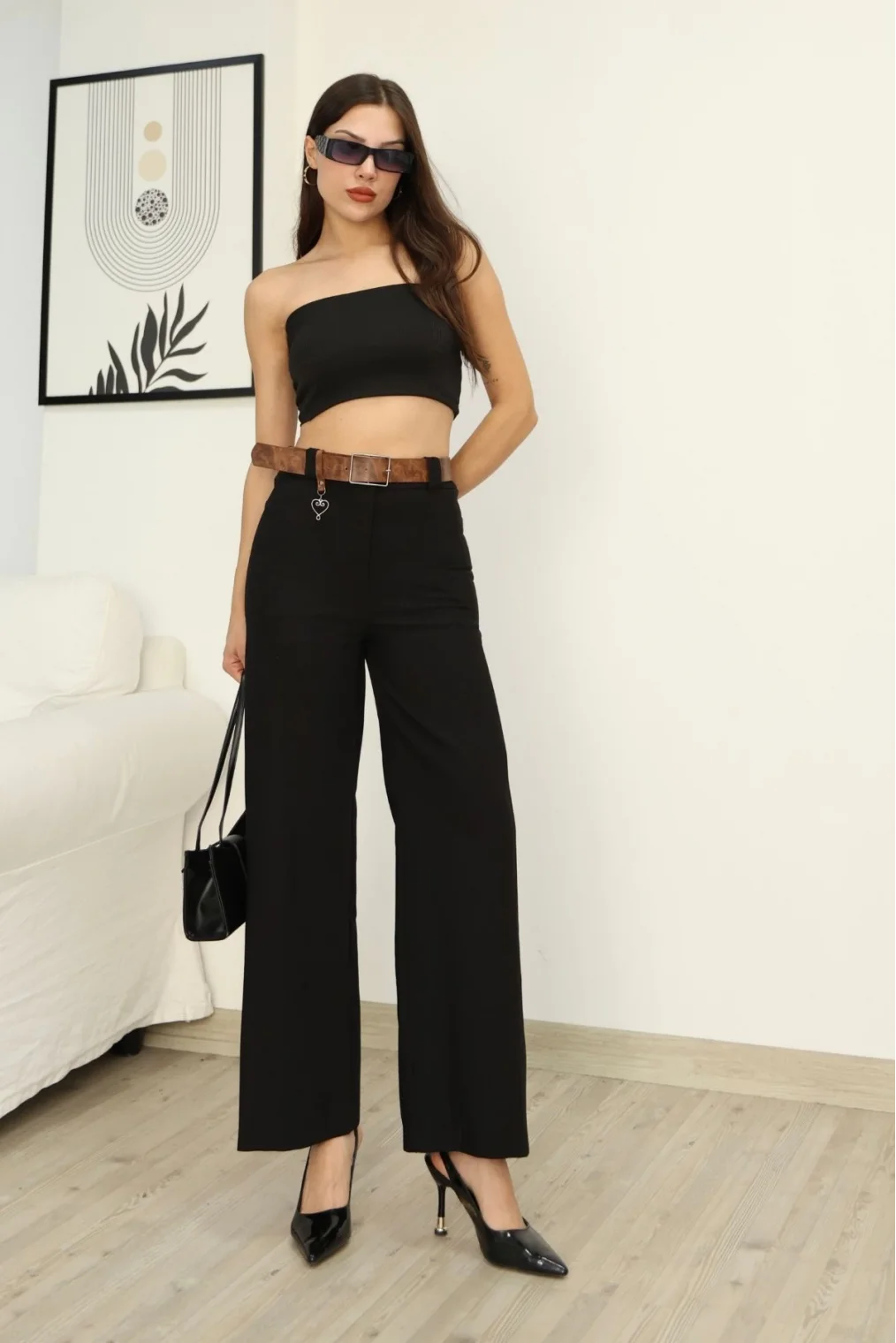 Aksesuar Ve Kemer Detaylı Palazzo Kumaş Pantolon 6115-Siyah