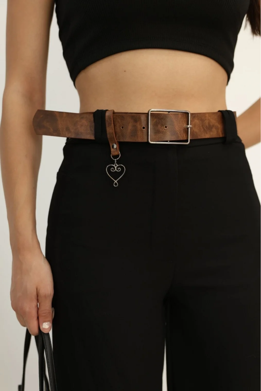 Aksesuar Ve Kemer Detaylı Palazzo Kumaş Pantolon 6115-Siyah