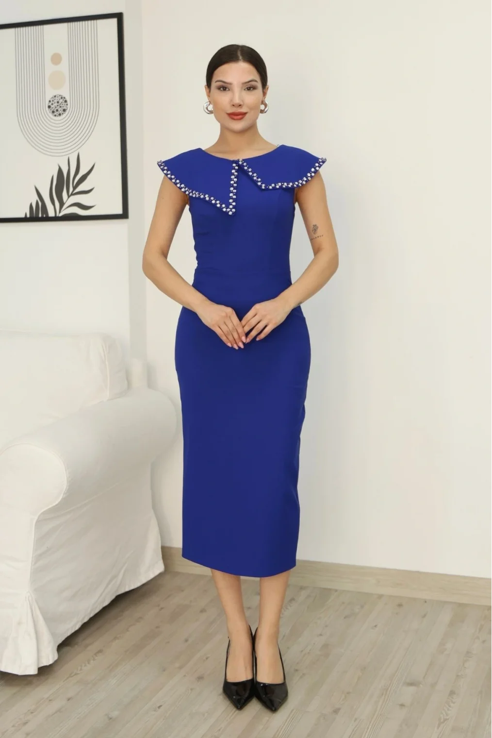 Aller Yaka Taş İşleme Detaylı Midi Elbise 2339-Saks