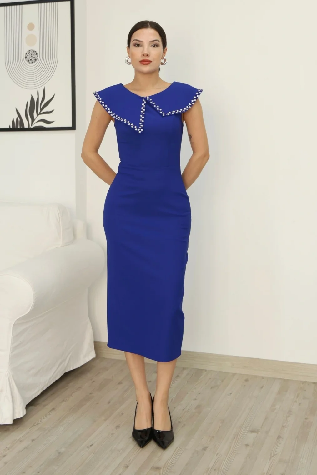 Aller Yaka Taş İşleme Detaylı Midi Elbise 2339-Saks