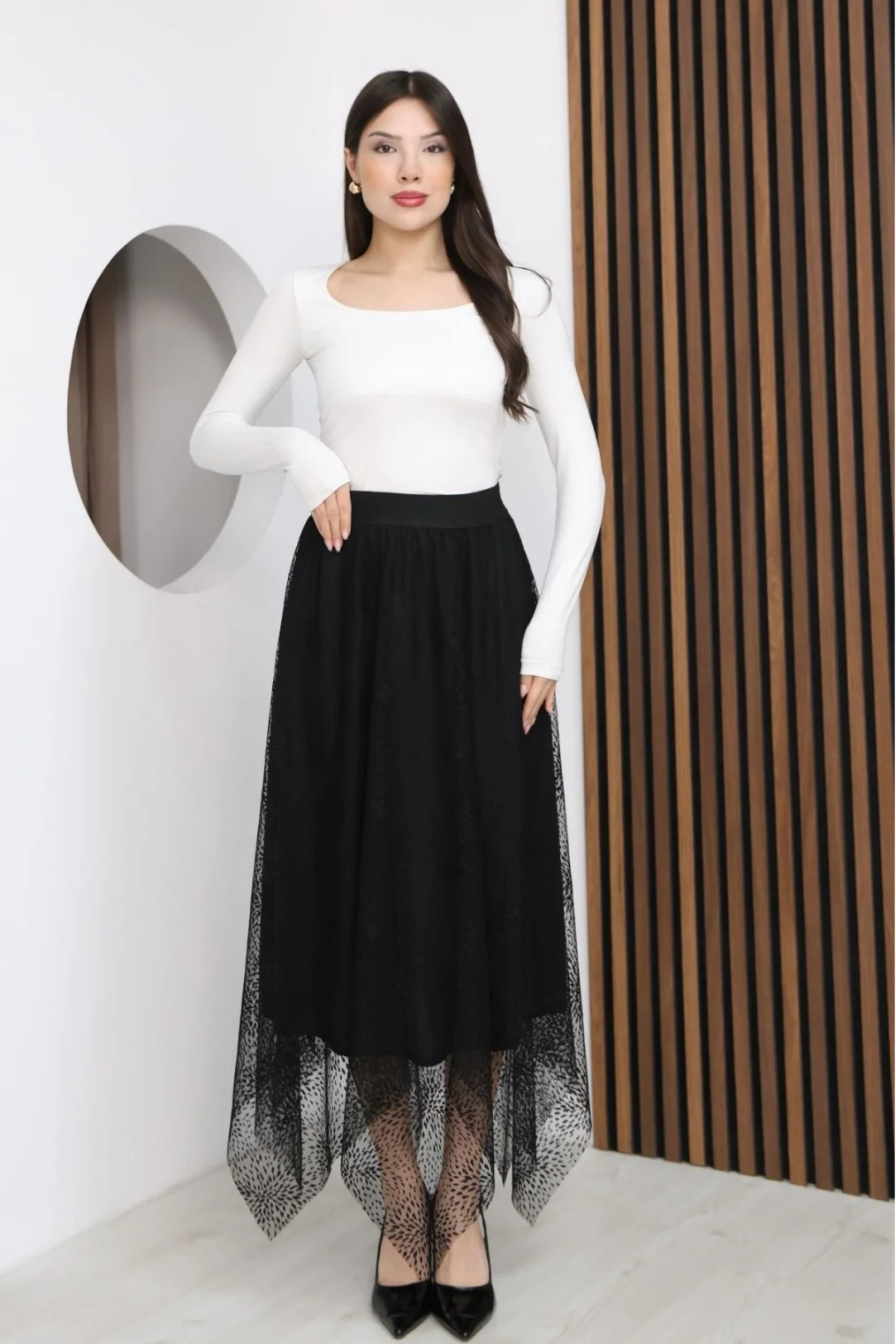 Asimetrik Kesim Lastikli Dantel Etek 6002E-Siyah