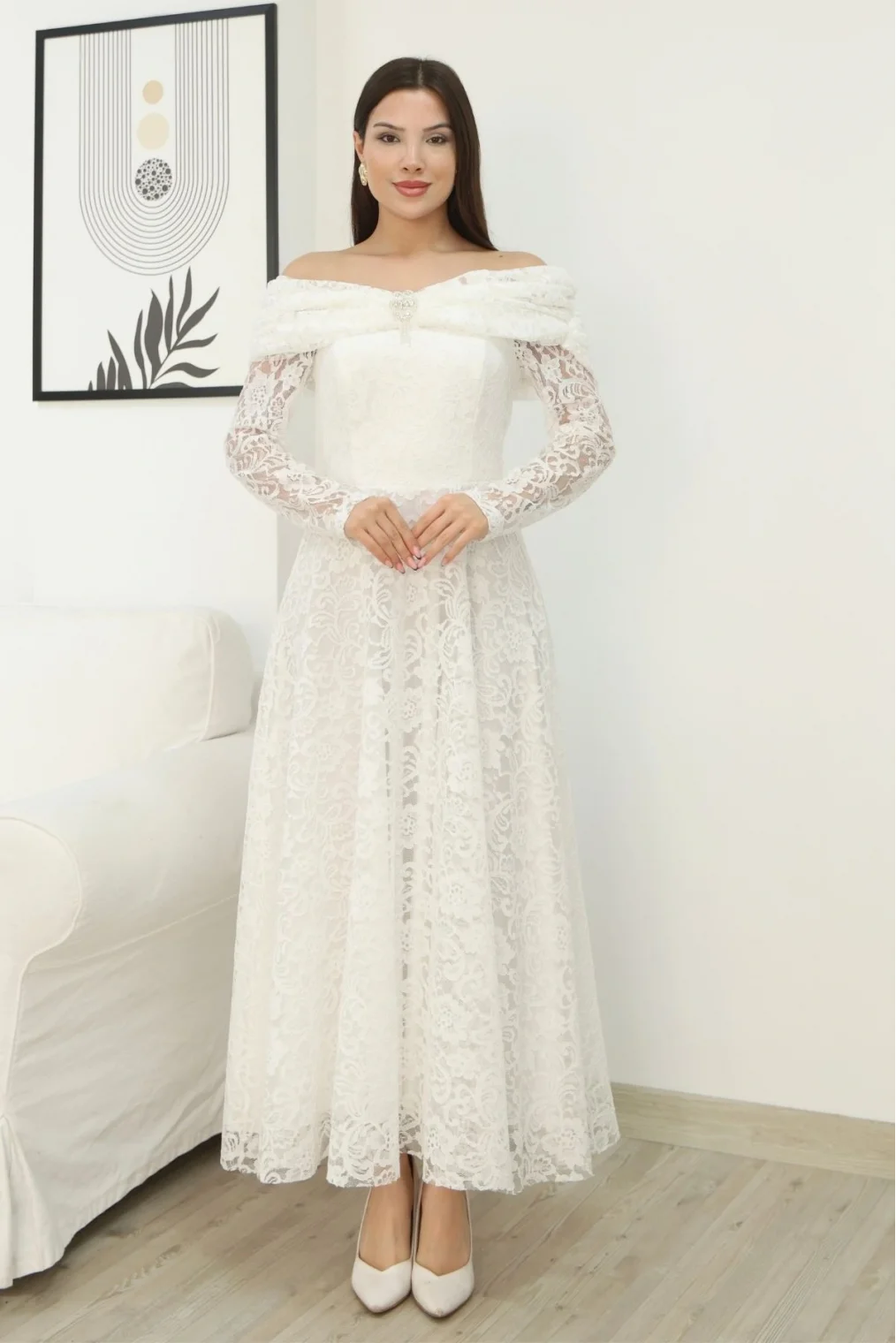 Aşkın Büyüsü Dantel Abiye Elbise 6055-Beyaz