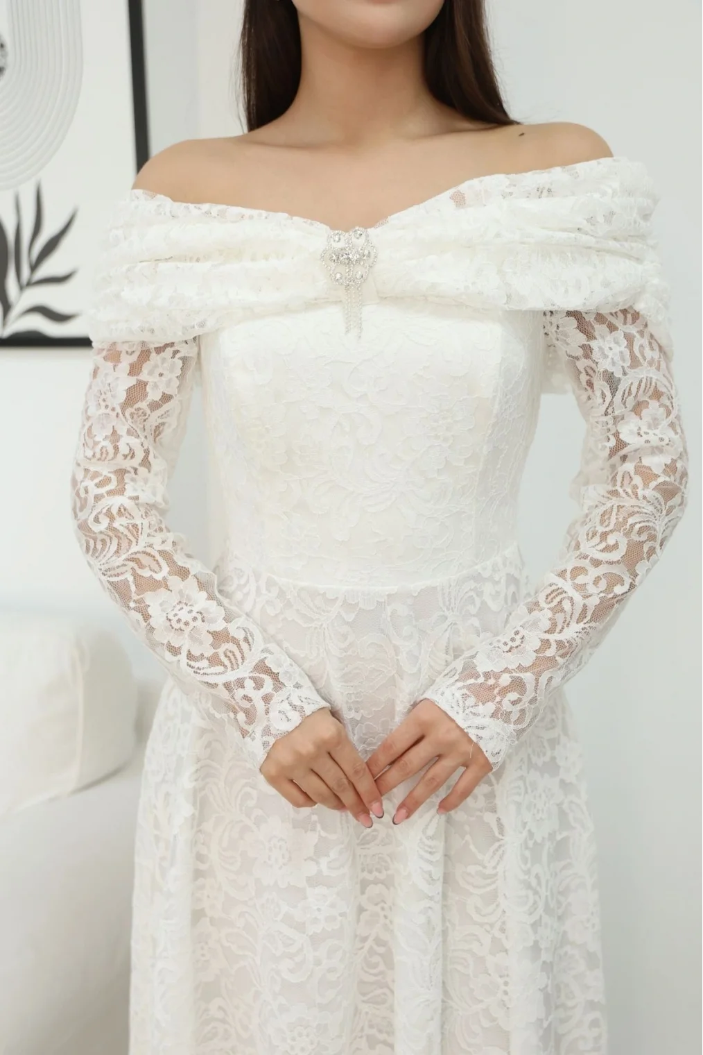 Aşkın Büyüsü Dantel Abiye Elbise 6055-Beyaz