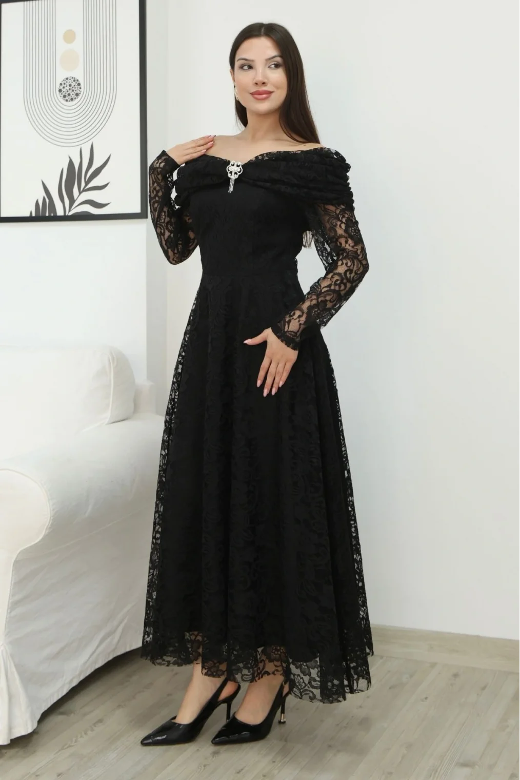 Aşkın Büyüsü Dantel Abiye Elbise 6055-Siyah