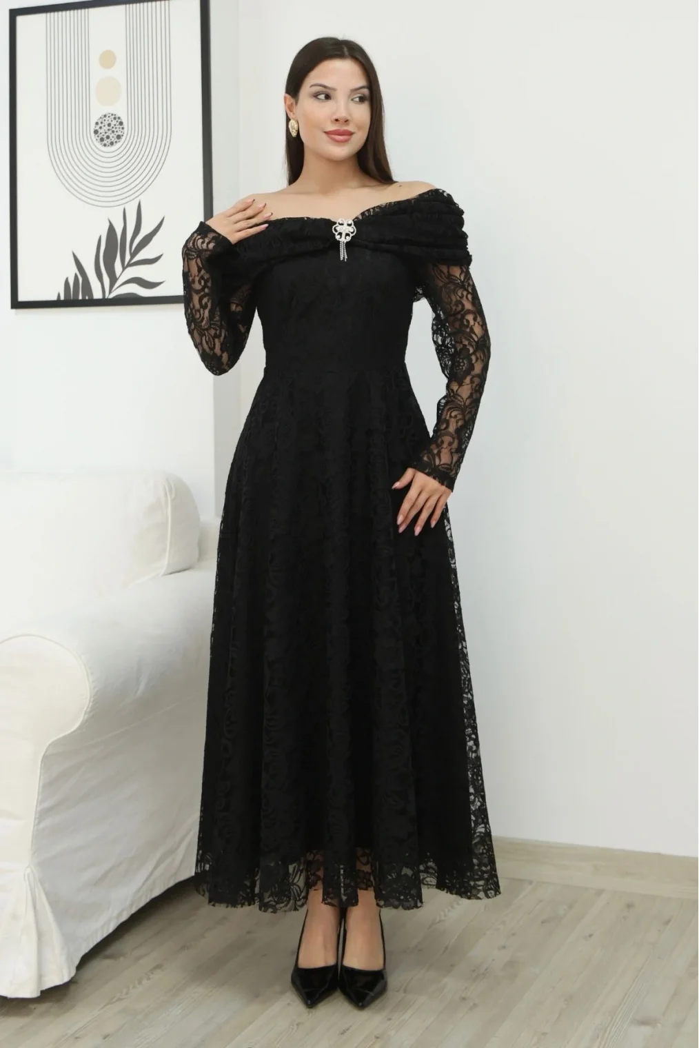 Aşkın Büyüsü Dantel Abiye Elbise 6055-Siyah