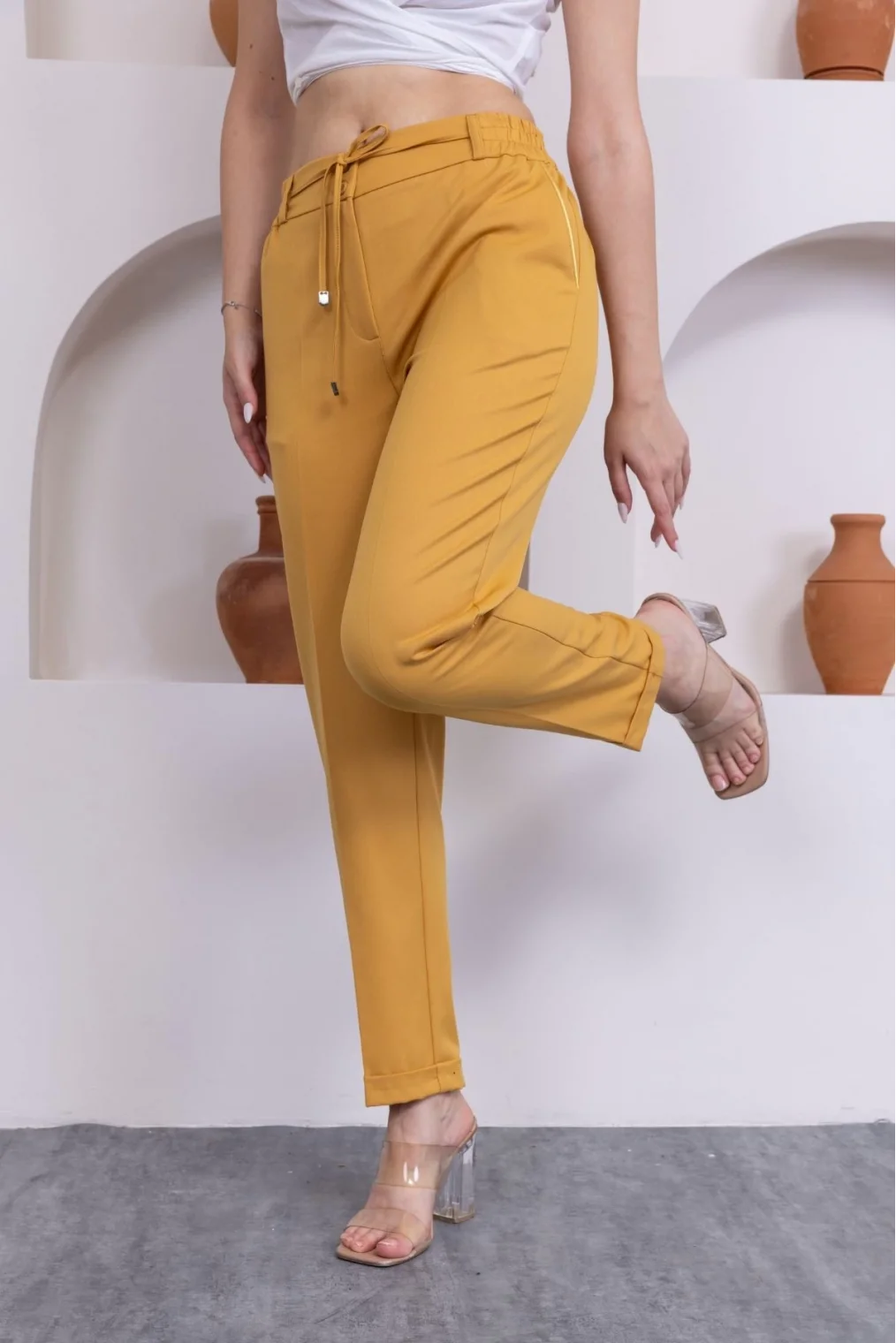 Bağlama Detaylı Beli Lastikli Kadın Kumaş Pantolon 326-Sarı