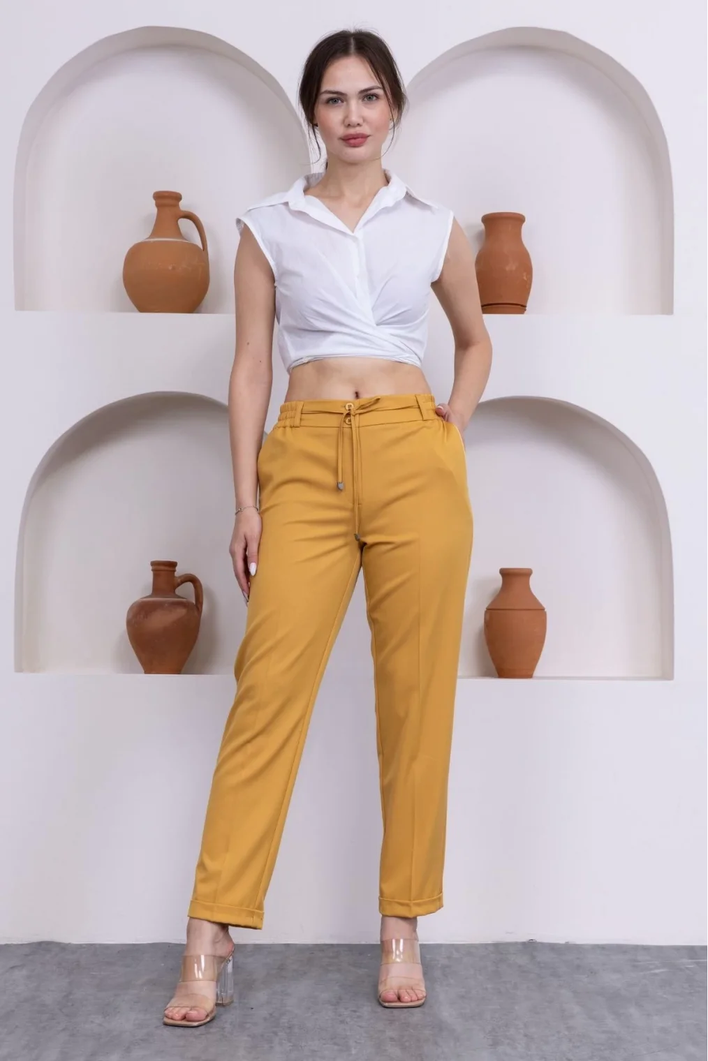 Bağlama Detaylı Beli Lastikli Kadın Kumaş Pantolon 326-Sarı