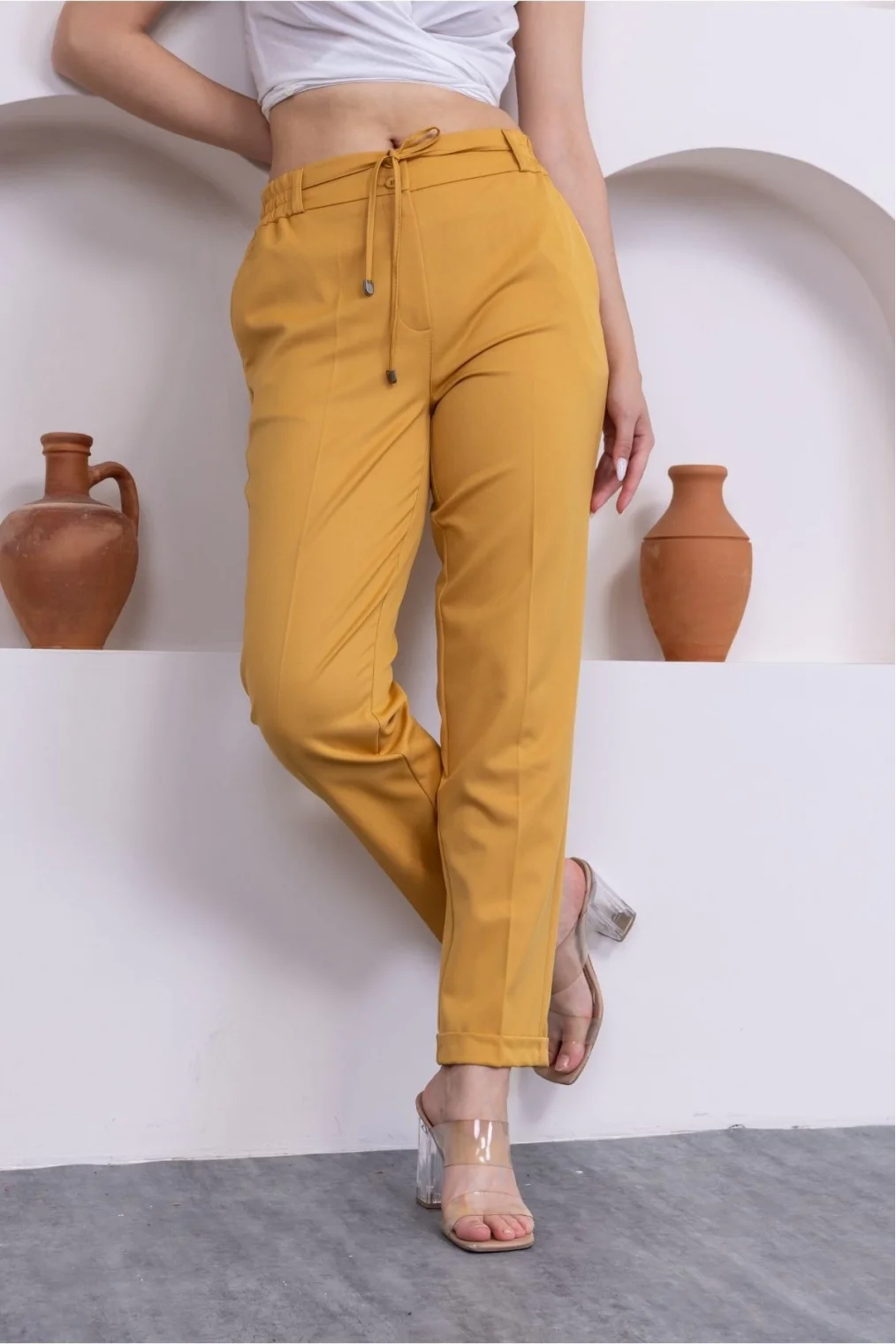 Bağlama Detaylı Beli Lastikli Kadın Kumaş Pantolon 326-Sarı