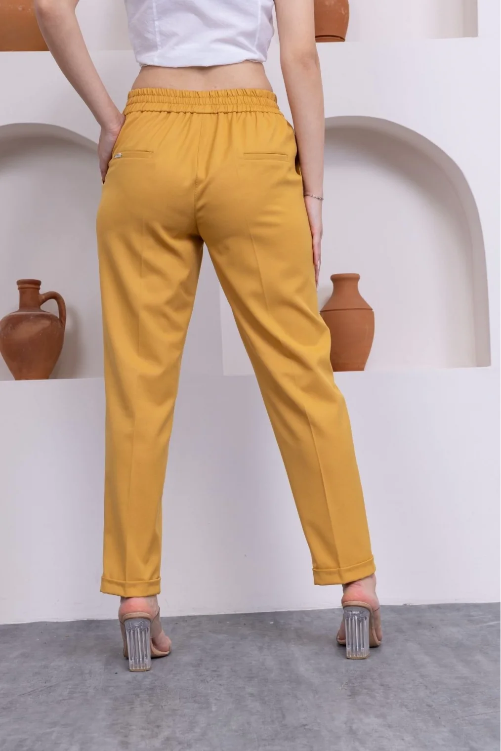 Bağlama Detaylı Beli Lastikli Kadın Kumaş Pantolon 326-Sarı