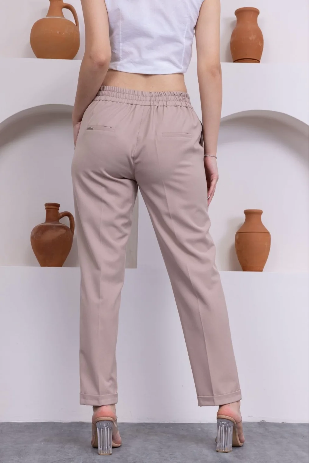 Bağlama Detaylı Beli Lastikli Kadın Kumaş Pantolon 326-Vizon