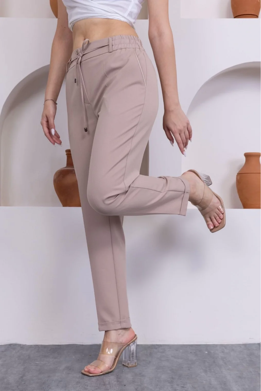 Bağlama Detaylı Beli Lastikli Kadın Kumaş Pantolon 326-Vizon