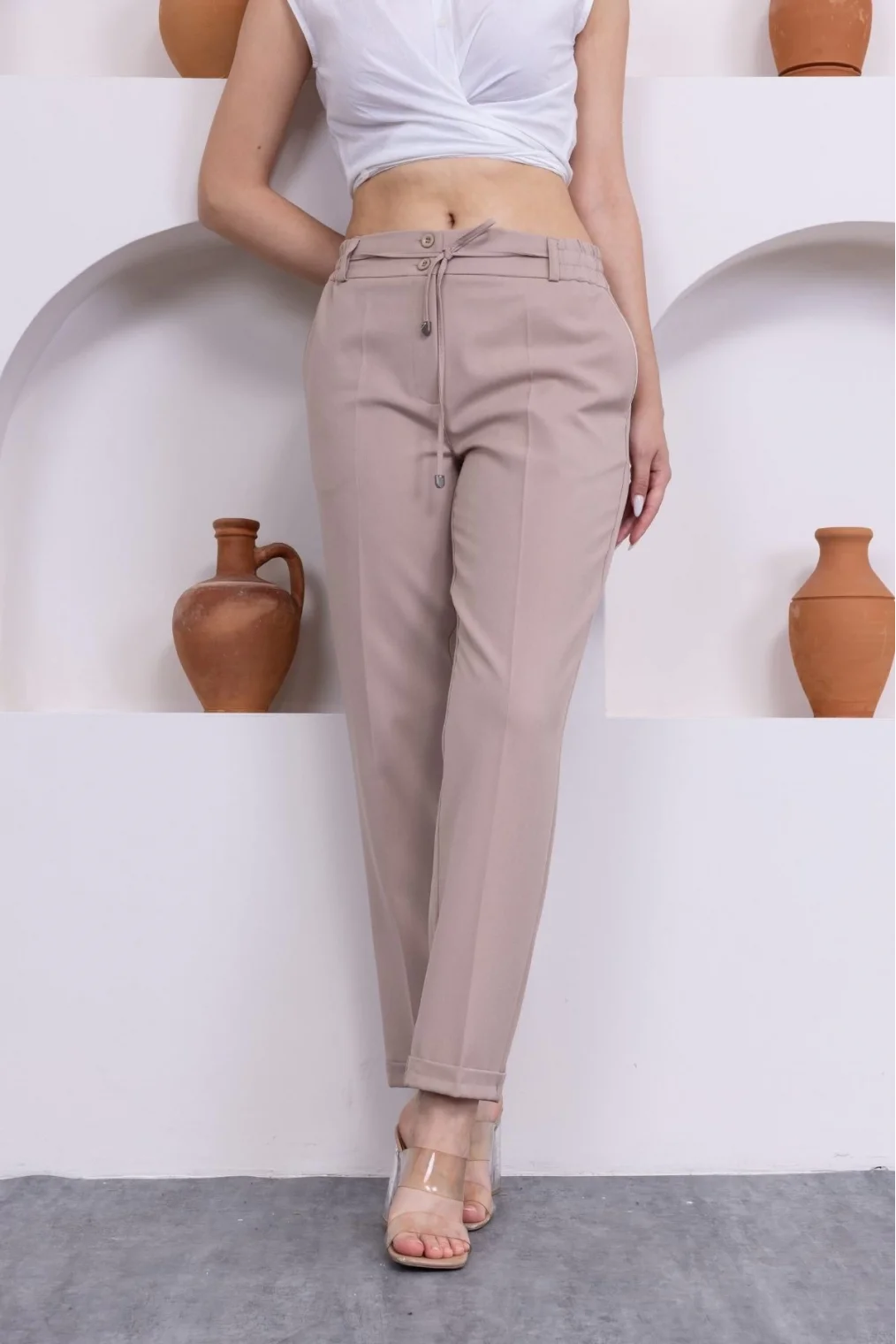 Bağlama Detaylı Beli Lastikli Kadın Kumaş Pantolon 326-Vizon