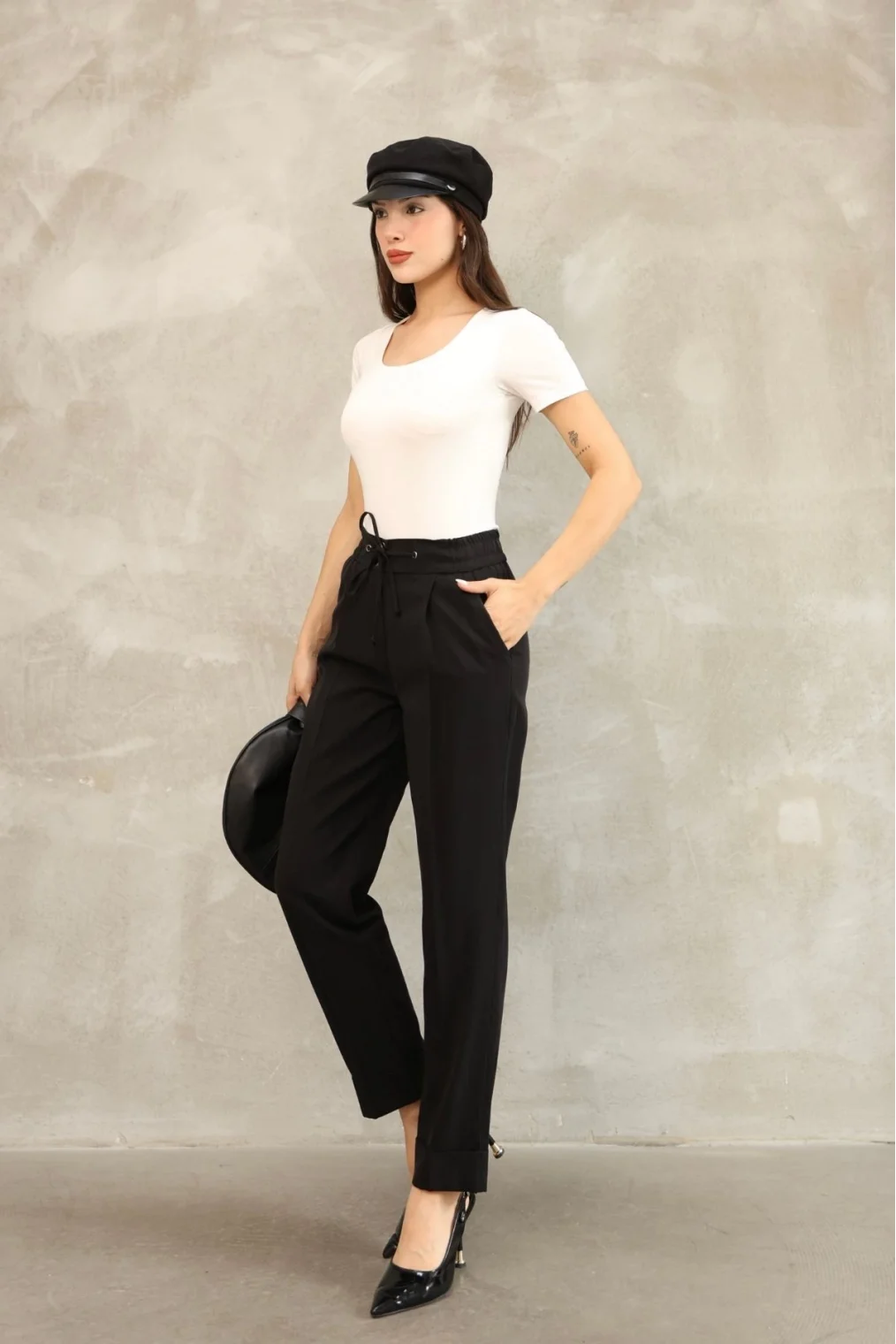 Bağlama Detaylı Beli Lastikli Kumaş Pantolon 6171-Siyah