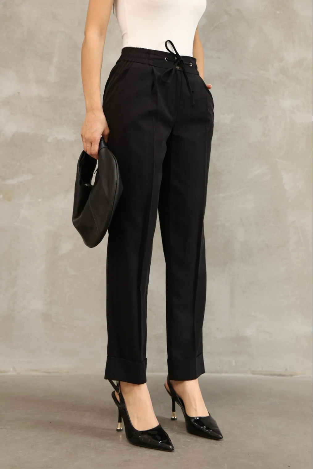 Bağlama Detaylı Beli Lastikli Kumaş Pantolon 6171-Siyah