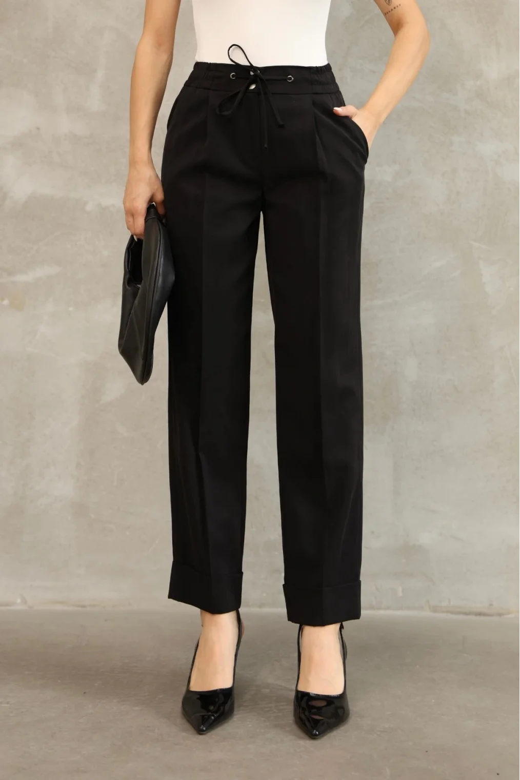 Bağlama Detaylı Beli Lastikli Kumaş Pantolon 6171-Siyah