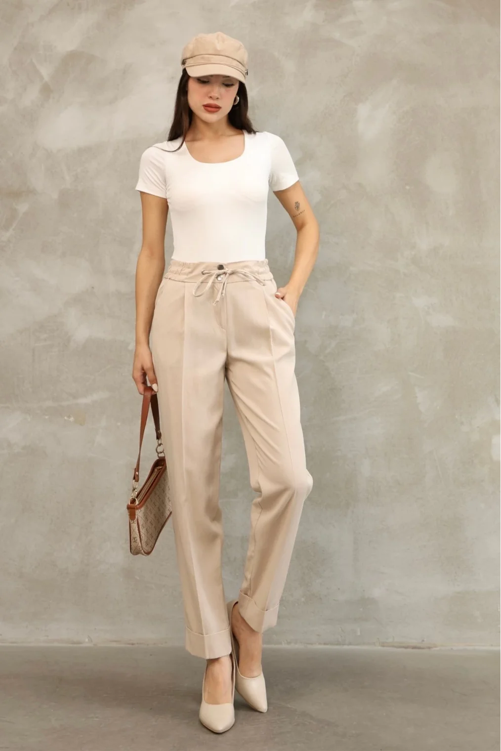 Bağlama Detaylı Beli Lastikli Kumaş Pantolon 6171-Vizon