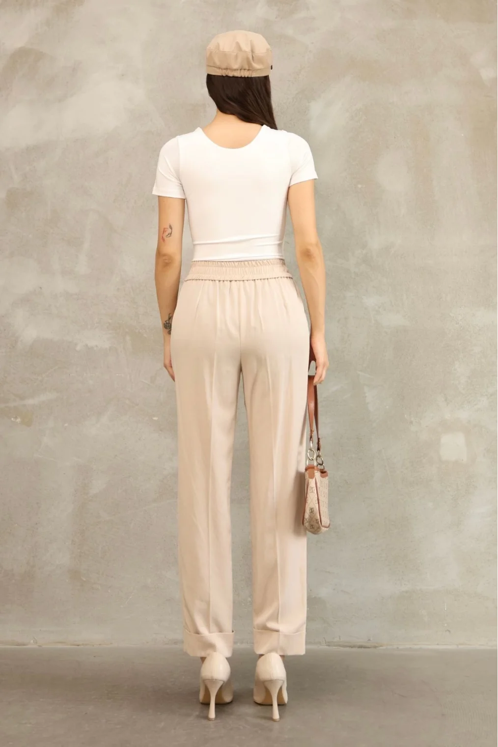 Bağlama Detaylı Beli Lastikli Kumaş Pantolon 6171-Vizon