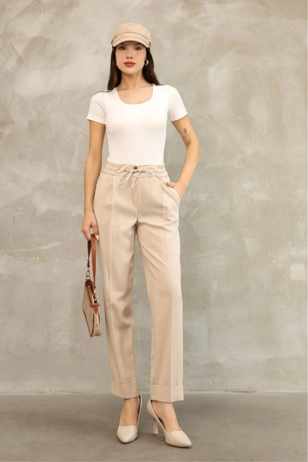 Bağlama Detaylı Beli Lastikli Kumaş Pantolon 6171-Vizon