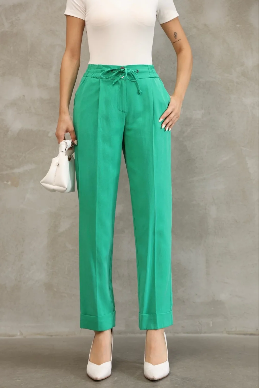 Bağlama Detaylı Beli Lastikli Kumaş Pantolon 6171-Yeşil