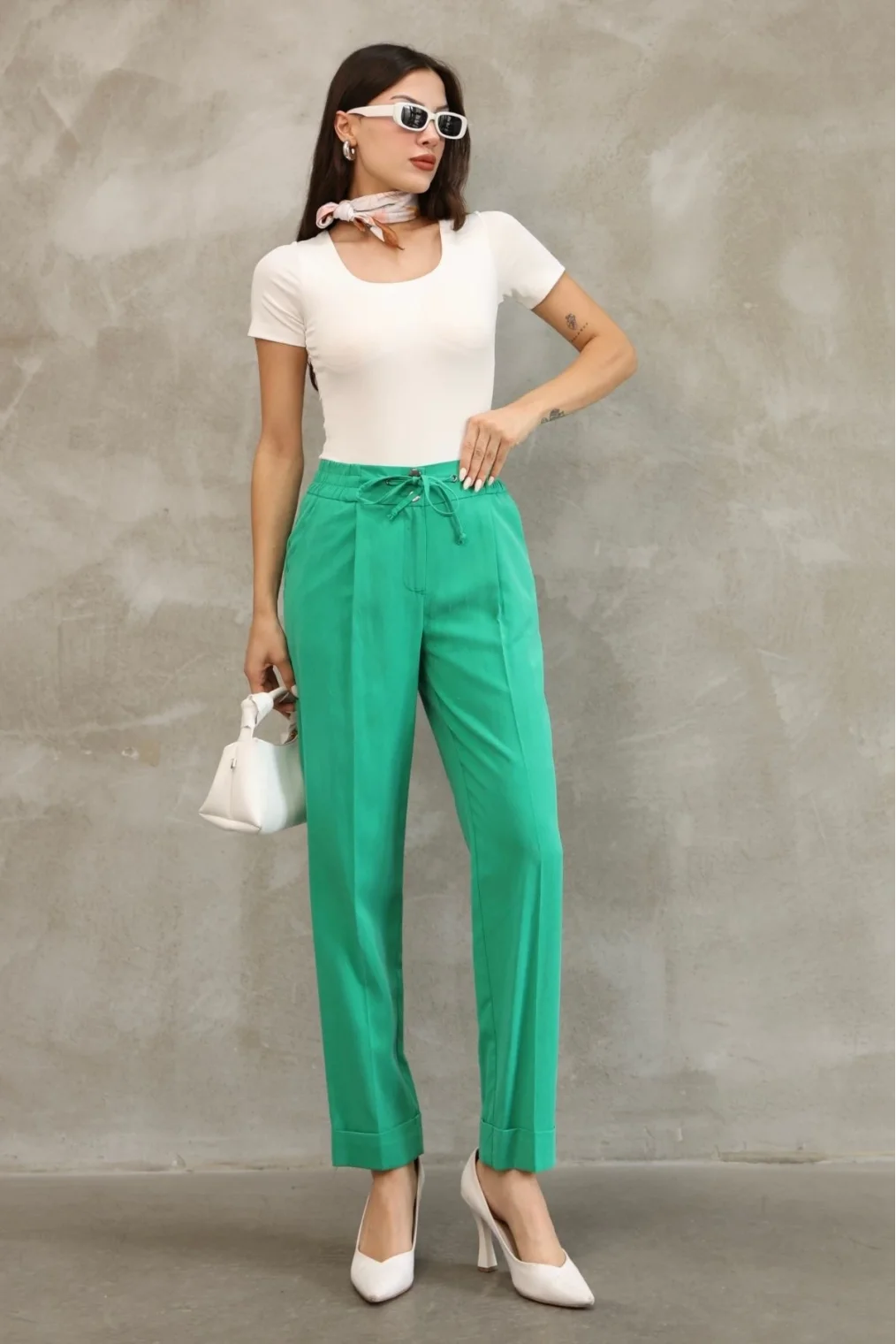 Bağlama Detaylı Beli Lastikli Kumaş Pantolon 6171-Yeşil