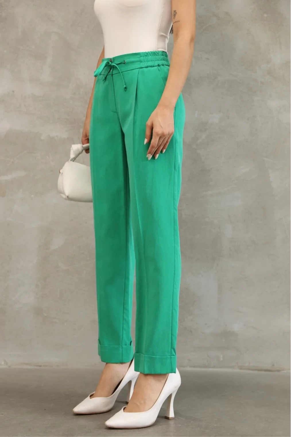 Bağlama Detaylı Beli Lastikli Kumaş Pantolon 6171-Yeşil