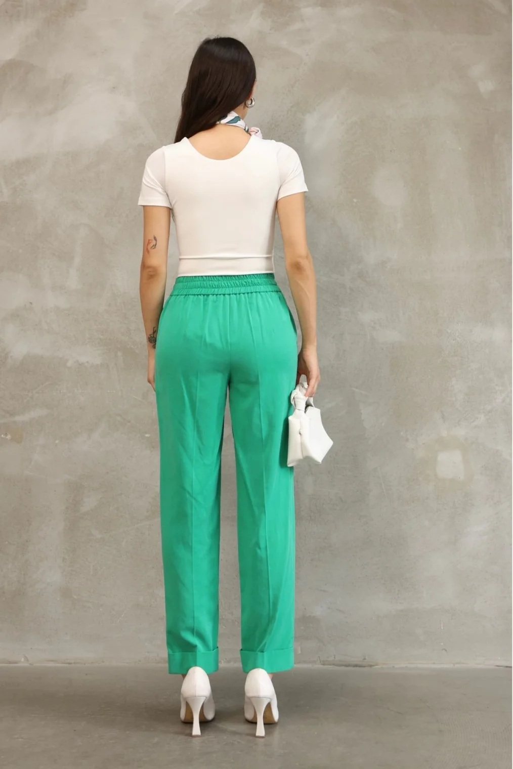 Bağlama Detaylı Beli Lastikli Kumaş Pantolon 6171-Yeşil
