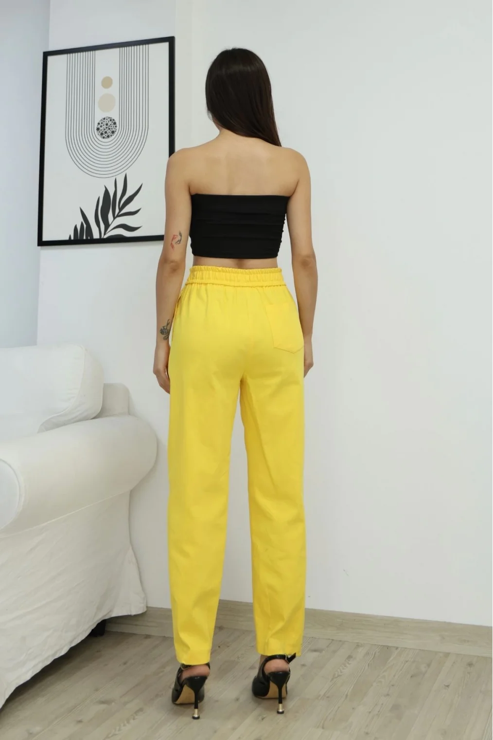 Bağlama Detaylı Beli Lastikli Pamuklu Kumaş Pantolon 6170-Sarı