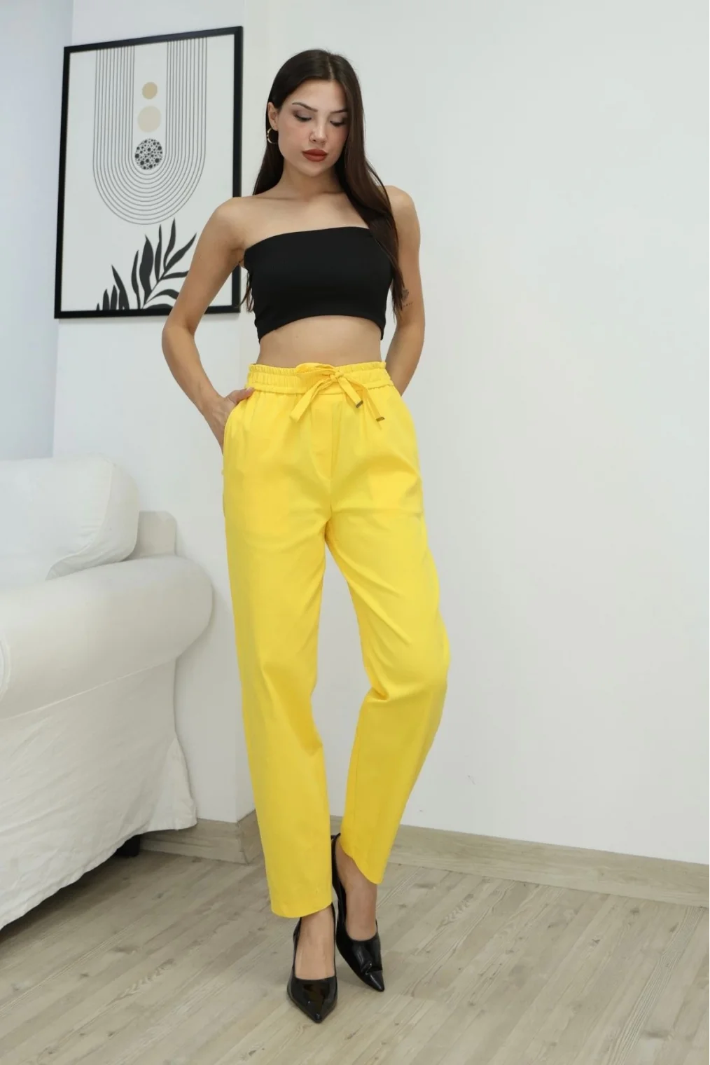 Bağlama Detaylı Beli Lastikli Pamuklu Kumaş Pantolon 6170-Sarı