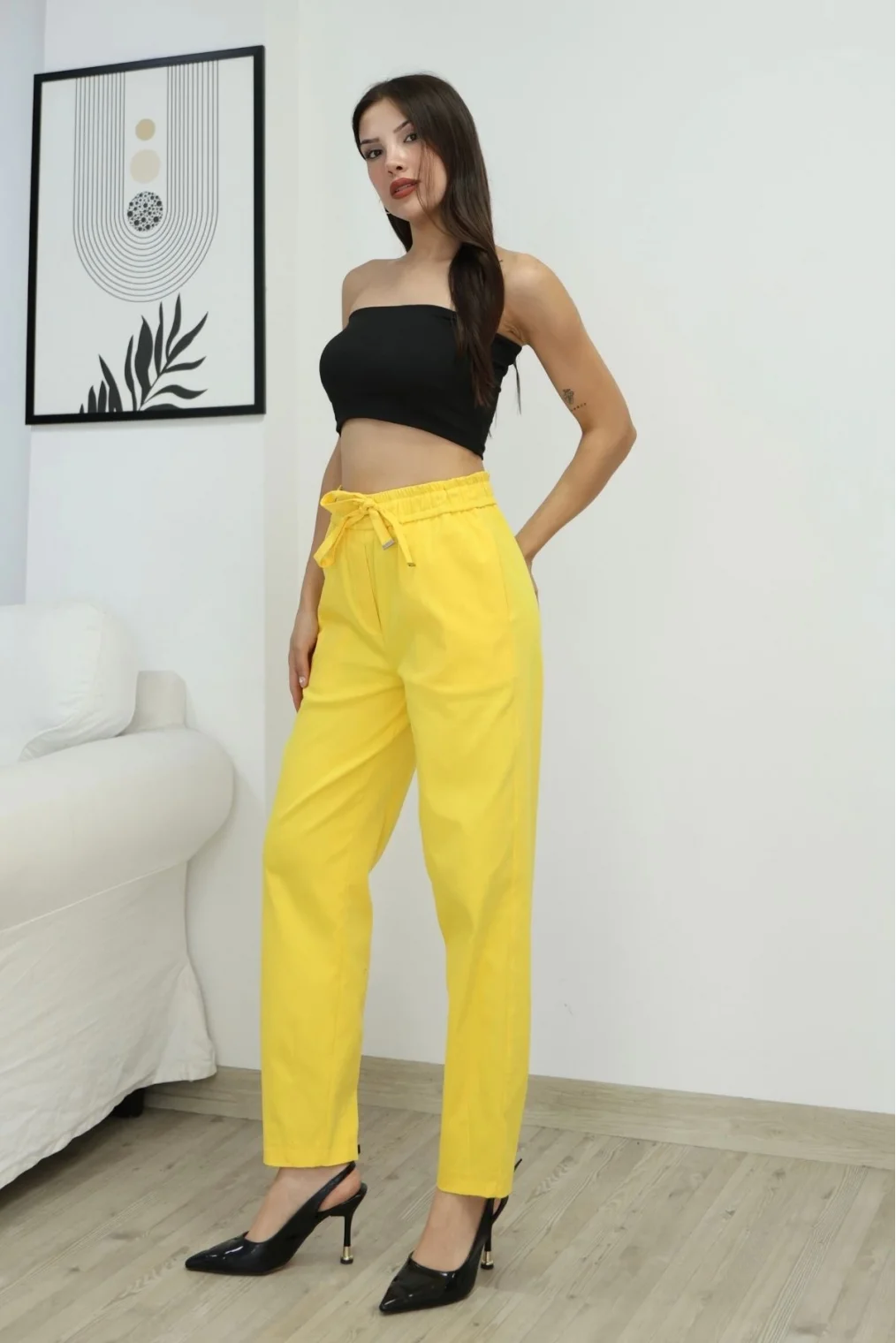 Bağlama Detaylı Beli Lastikli Pamuklu Kumaş Pantolon 6170-Sarı