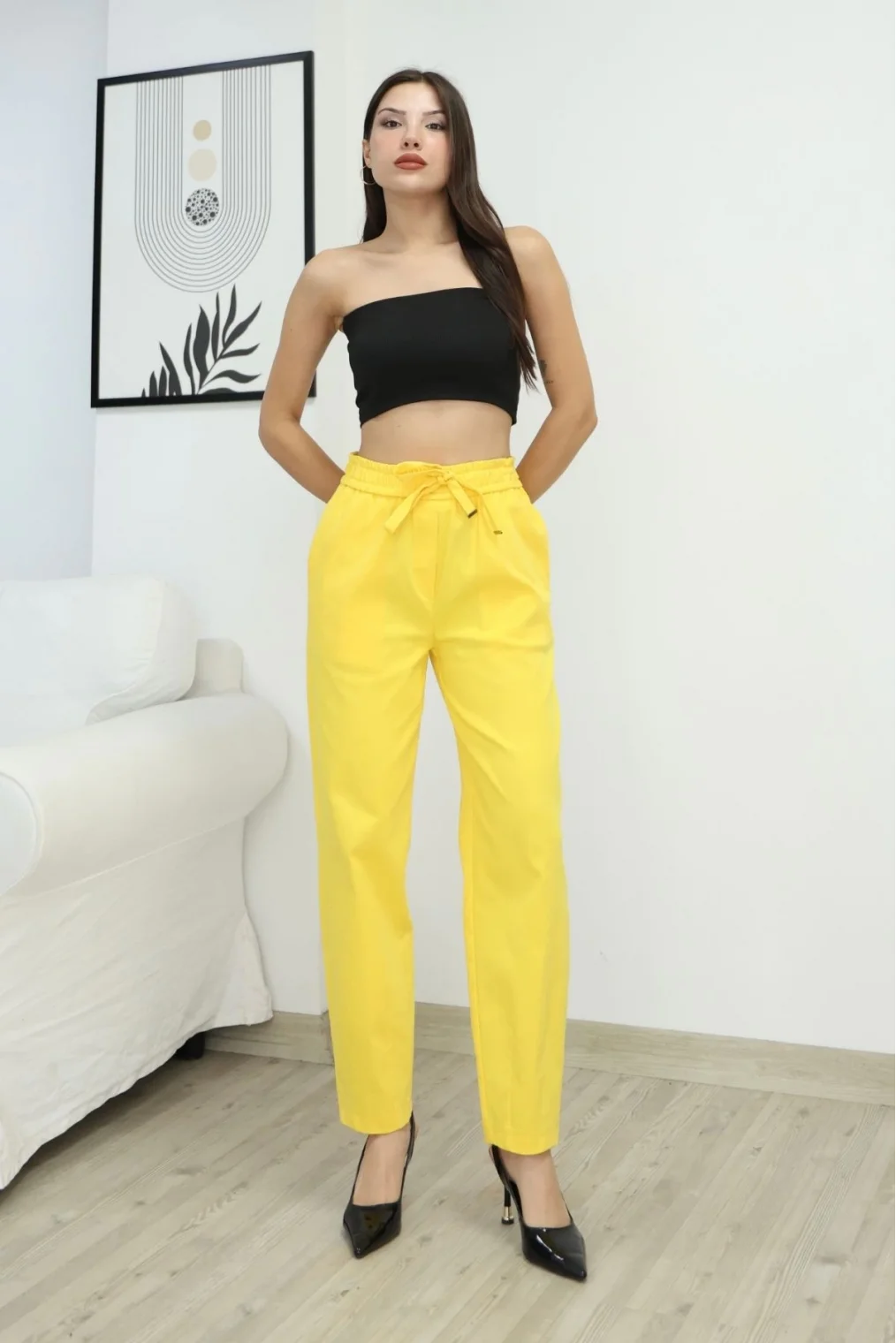 Bağlama Detaylı Beli Lastikli Pamuklu Kumaş Pantolon 6170-Sarı