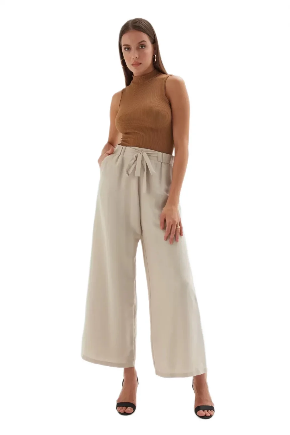 Bağlama Detaylı Bol Paça Pantolon 1012-Bej