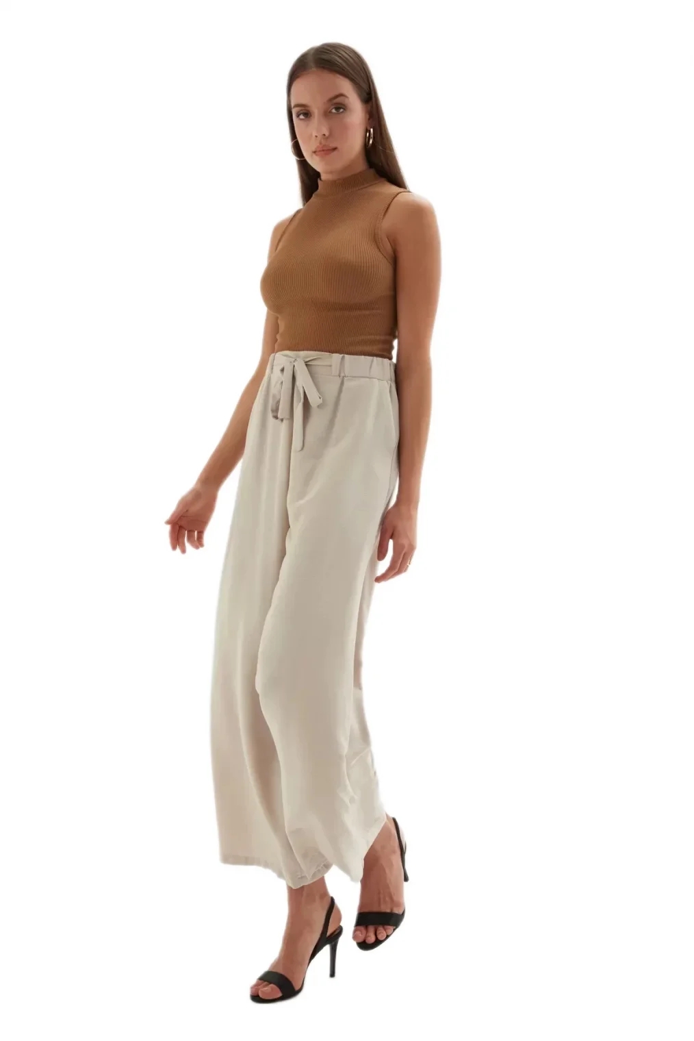 Bağlama Detaylı Bol Paça Pantolon 1012-Bej